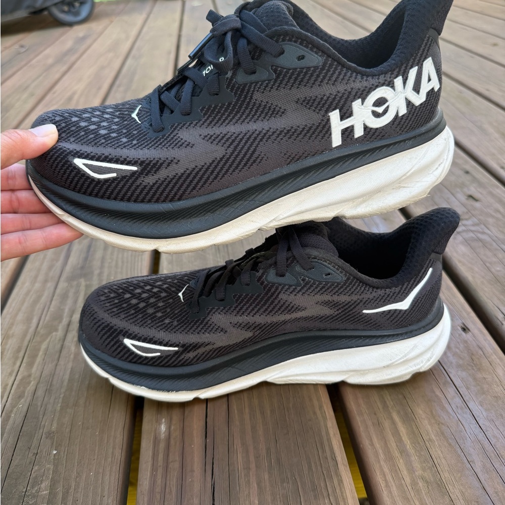 Hoka Clifton 9 Black and White Athletic Shoes - Picture 6 of 10